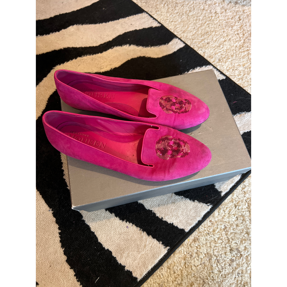 Alexander McQueen Pink Suede Sequin Skull Smoking Slipper Flats